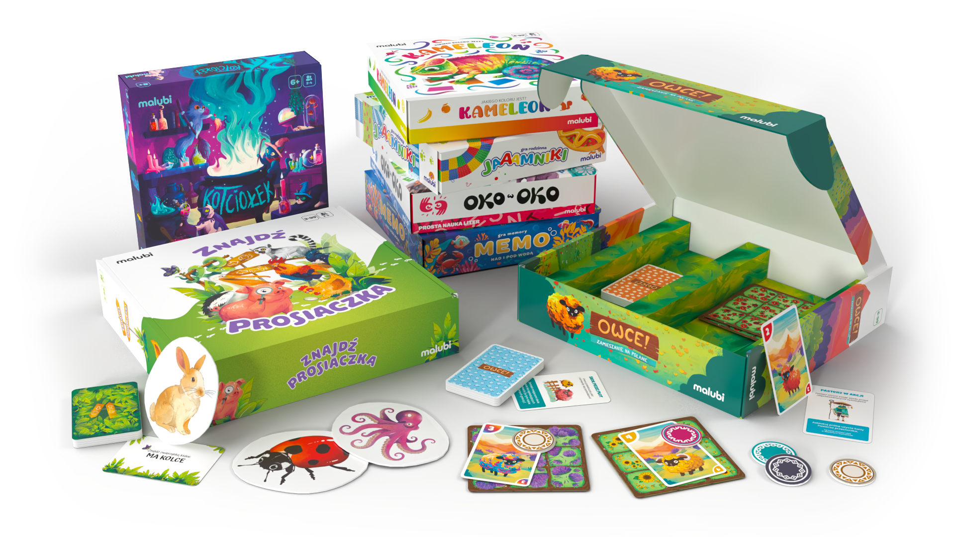 Wizualizacja pudełek z grami Malubi